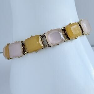Signed Vintage Monet Bracelet Gold Tone Pink Yellow Glass Cabochon Link 7”